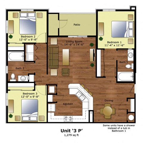 Floor plan for 3 beds, 2 baths, 1279 sqft